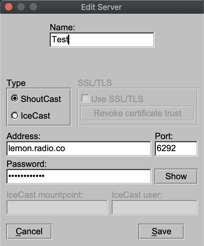 Image shows the BUTT Server Settings to set up RODE Connect.