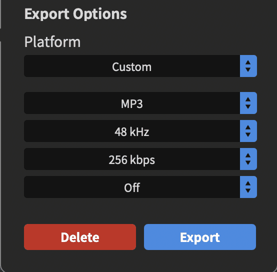 Image shows the Radio export options in RODE Connect.