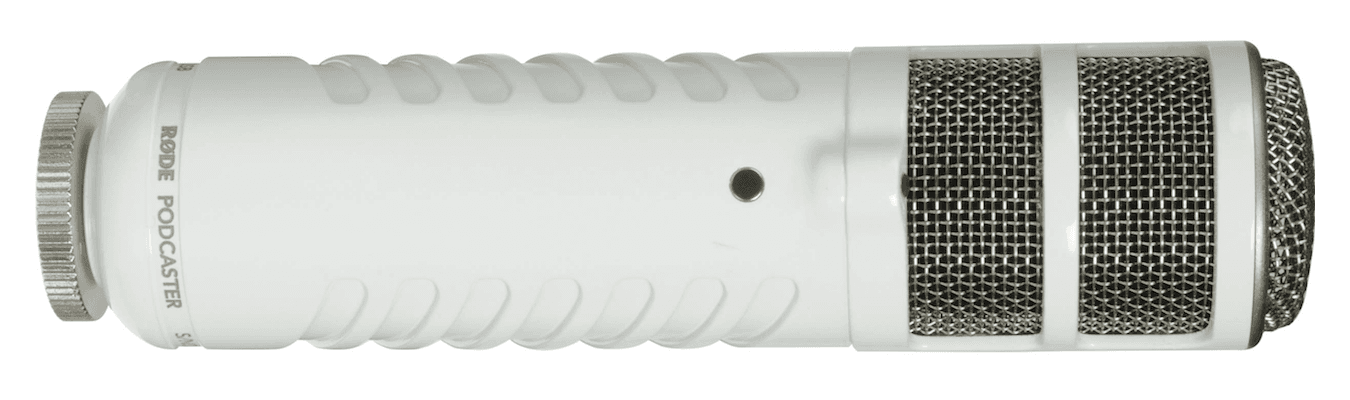 Image shows a white RODE podcaster microphone laid on its side, against a white background.