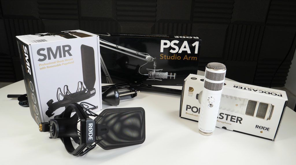 Image shows the Rode Podcaster, SMR, and PSA1 all placed on a table.
