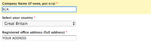 Image shows the Company Name, Country and Registered Office fields within the Deezer contact form.