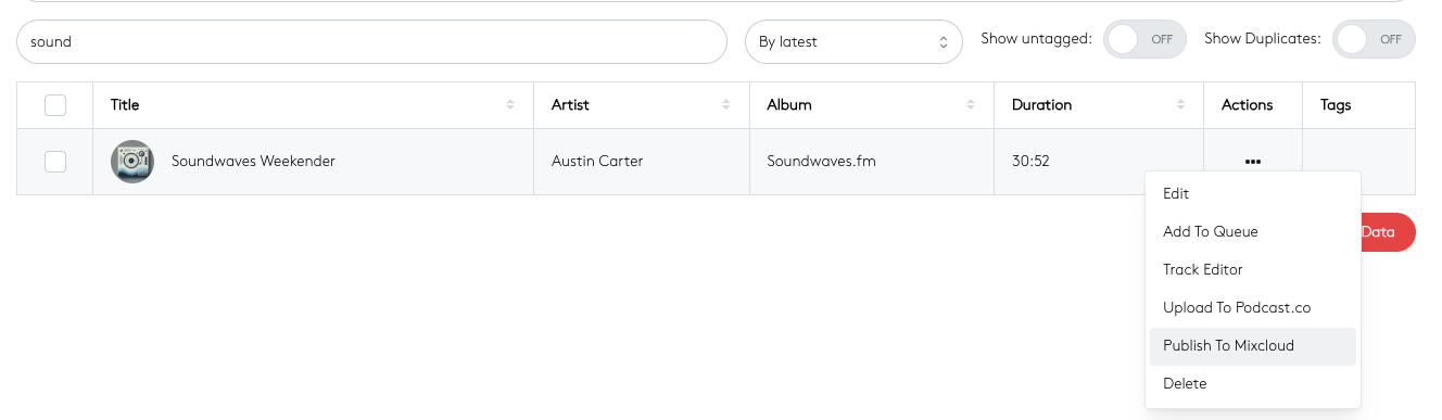 Image shows a track list in the Radio.co dashboard and the Action options for the tracks.