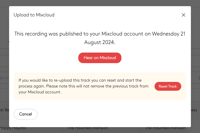 Image shows the window within Radio.co confirming a show was successfully uploaded to Mixcloud.