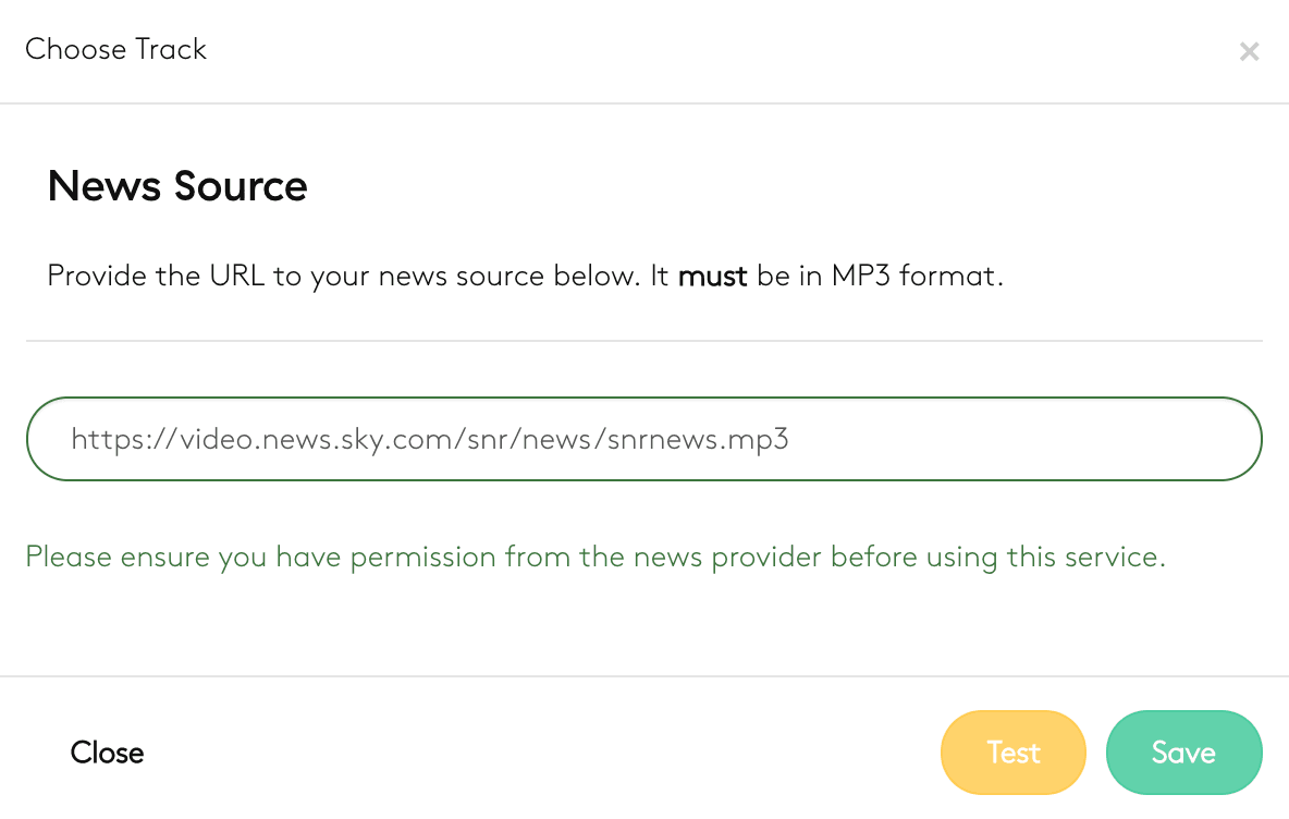 Image is a screenshot from the Radio.co dashboard showing where to add a News Source link.