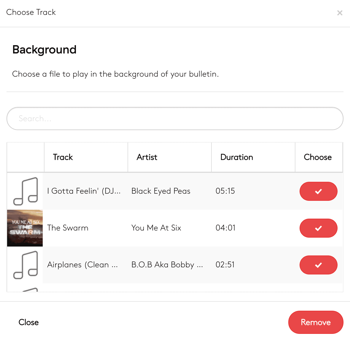 Image is a screenshot from the Radio.co dashboard showing the settings window for adding background audio to news bulletins.