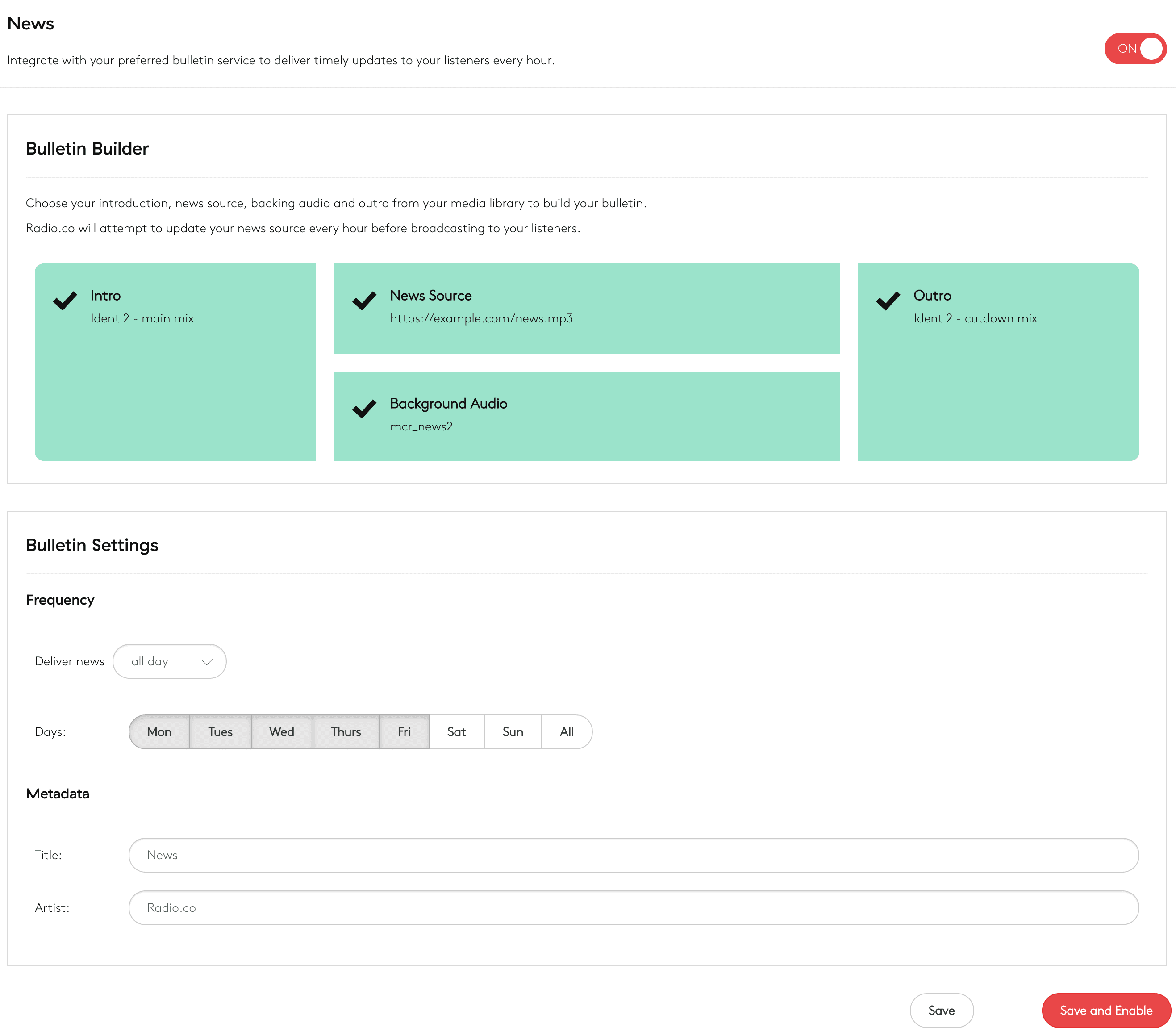 Image is a screenshot from the Radio.co dashboard, showing the News Bulletin Builder feature.