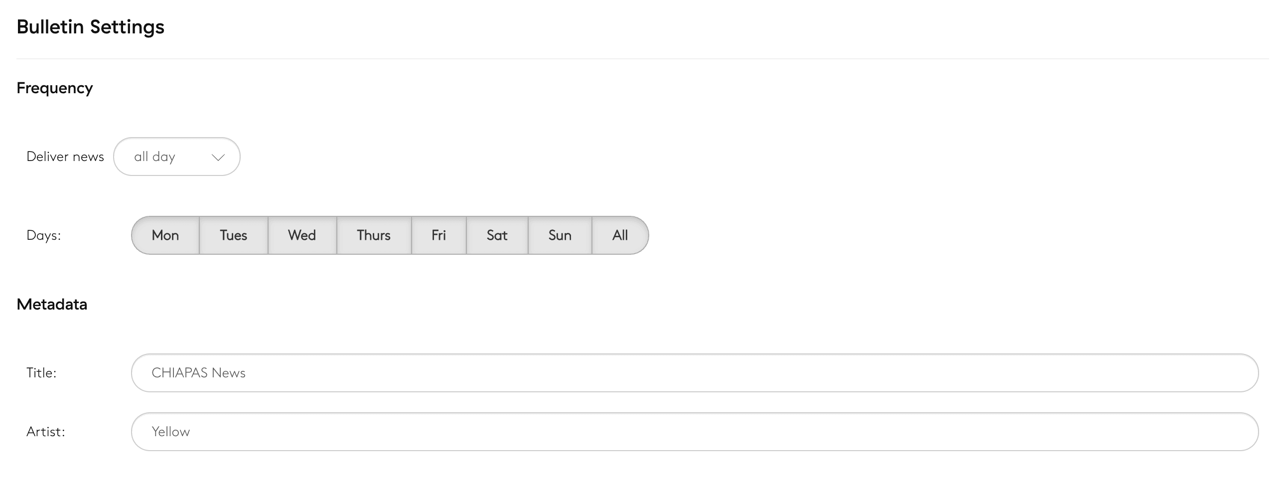 Image is a screenshot from the Radio.co dashboard showing the bulletin settings window.