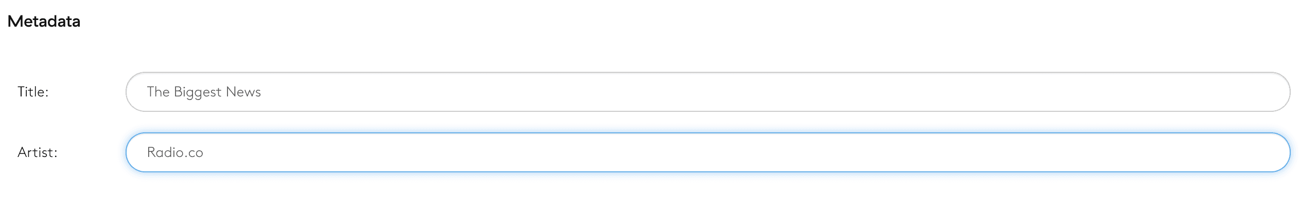 Image is a screenshot from the Radio.co dashboard showing the metadata settings window for news bulletins.