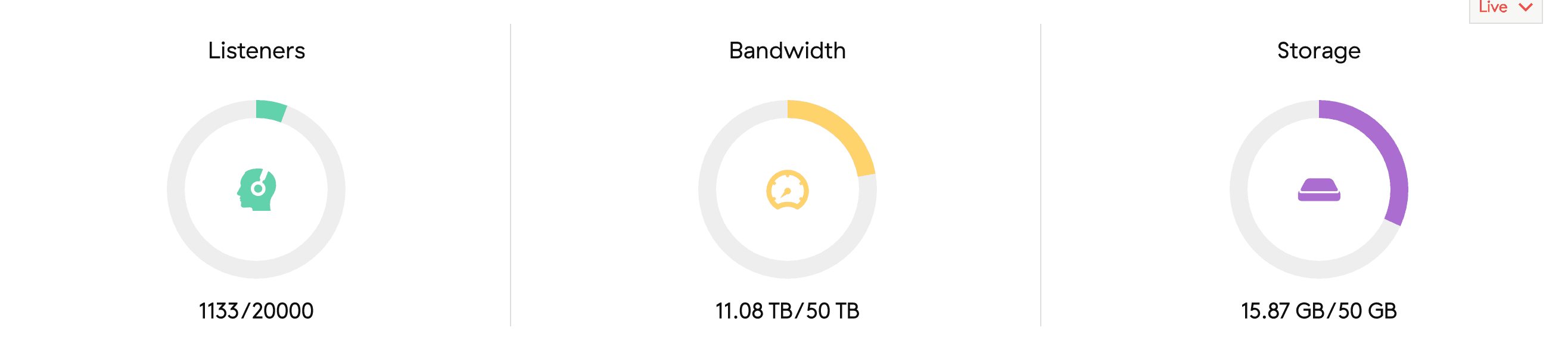 Image is a screenshot from the Radio.co dashboard showing the number of listeners, amount of bandwidth used, amount of storage used for and amount of storage used for a radio station.