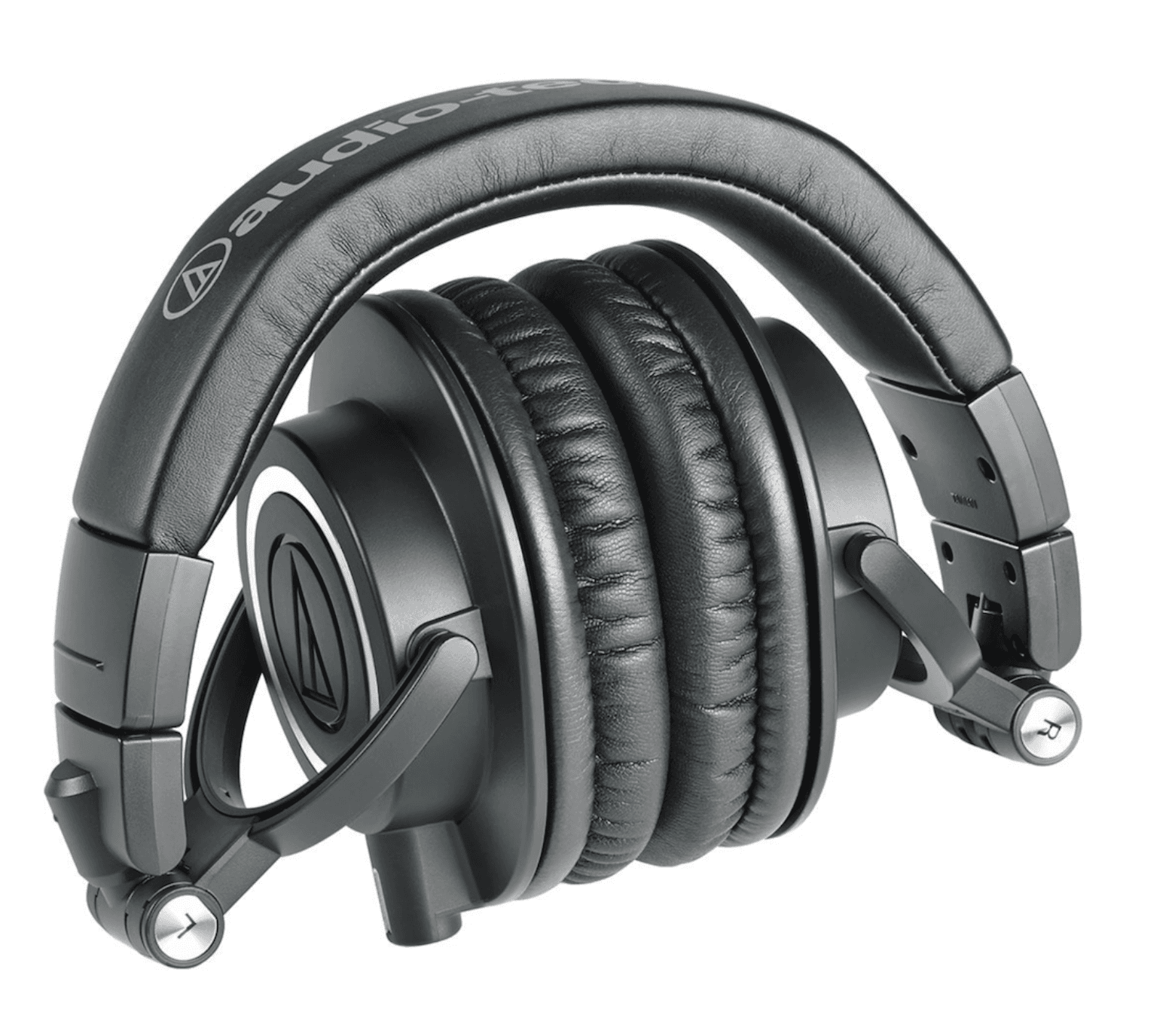 This is a stock image of some Audio Technica ATH M50X headphones against a plain white background. The headphones are black and circular with an arch over them.