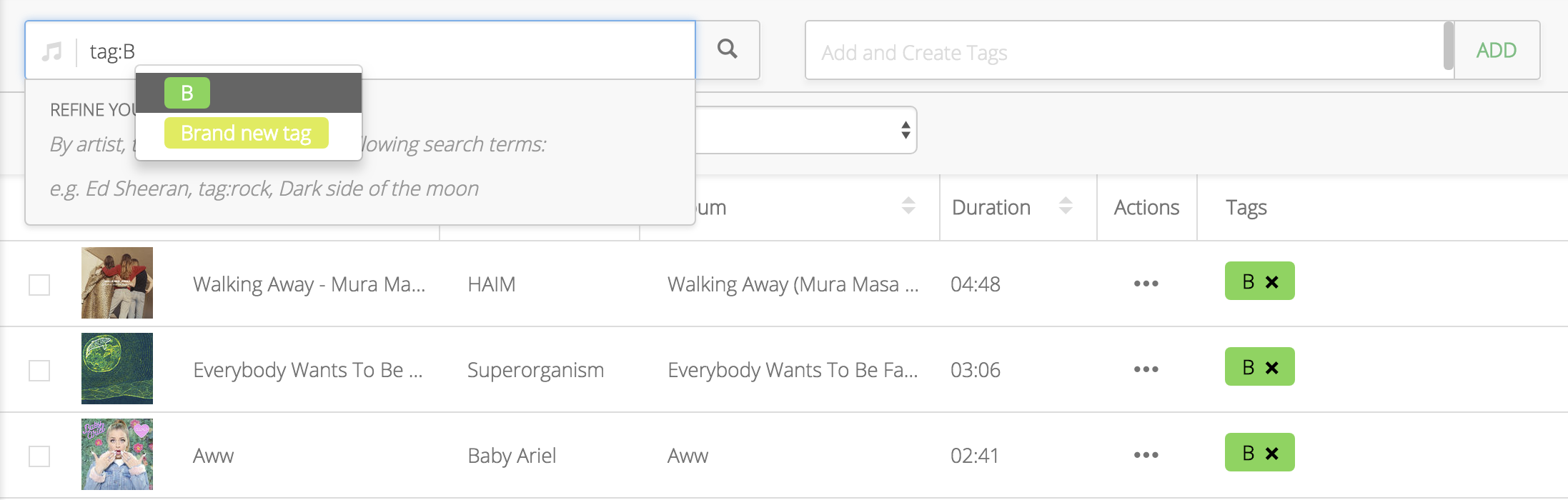 Image shows the search for finding tagged tracks in the Radio.co dashboard..
