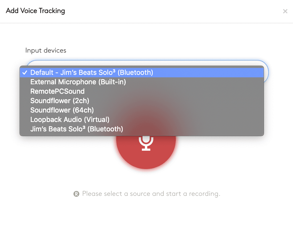 Image is a screenshot from the Radio.co dashboard showing the input device dropdown for voice tracking.