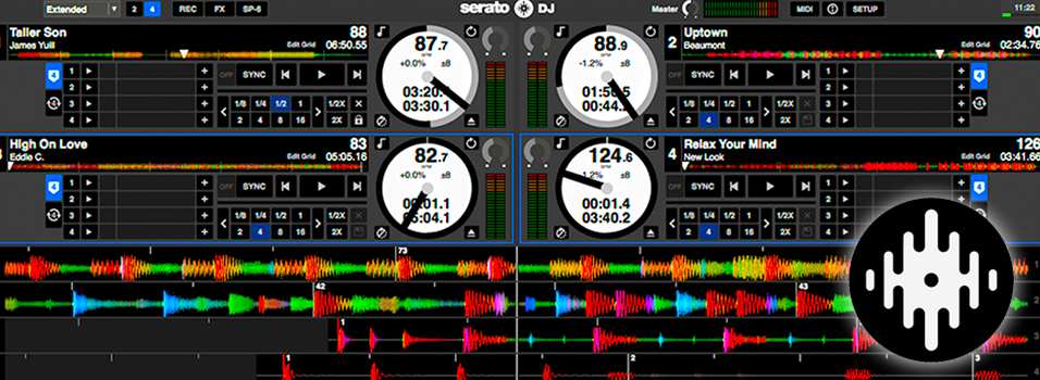 This is a multicoloured but mainly black screenshot of Serato DJ Broadcast software. There are various sound levels and scrubbers visible.