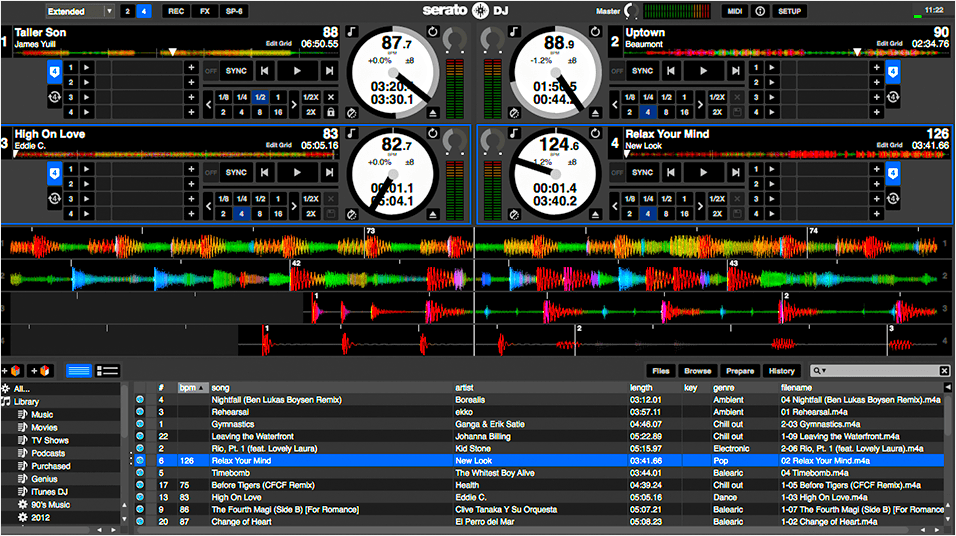 This is a black screenshot of how the Serato DJ page appears; a mixing board appearing page with various colours and virtual buttons pictured