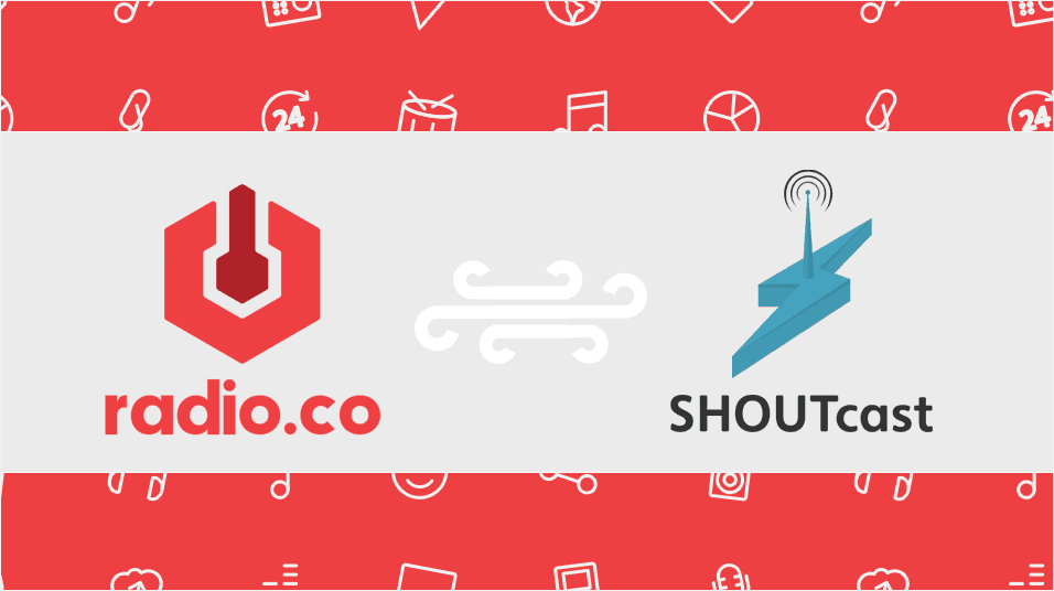 This is a red and white banner graphic. On the left is the radio.co red logo. On the left is the blue lightning bolt SHOUTcast. The background is a red pattern of various radio-related emoticons like music notes and portable radio illustrations.
