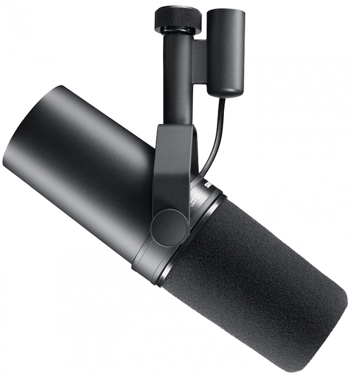 This is the Shure SM7B microphone, a long thin black mic against a plain white backdrop.