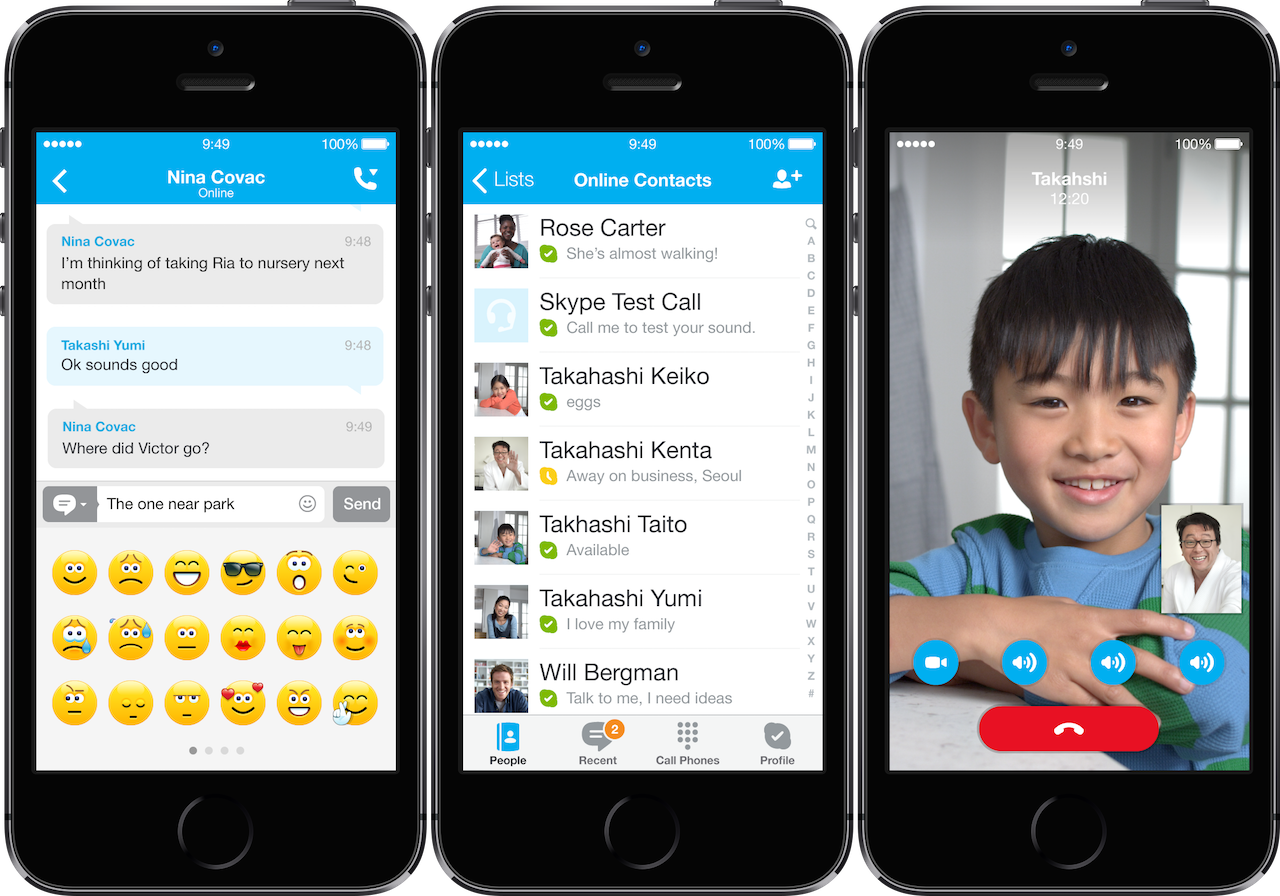 This is an image of three stock iPhones with the Skype App open on all of them. The first phone shows a Skype chat with emoticons, the middle shows a conversation log, and the third shows a child with dark hair smiling on video call to presumably their parent.