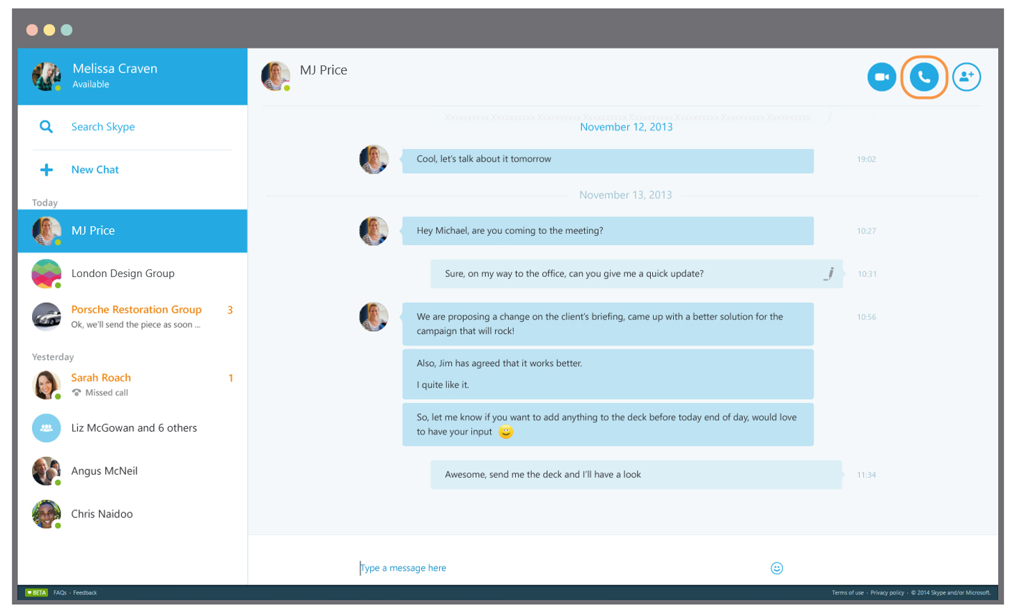 This is an image of how Skype Desktop appears, a blue and white chatbox with corresponding chats on the left sidebar.