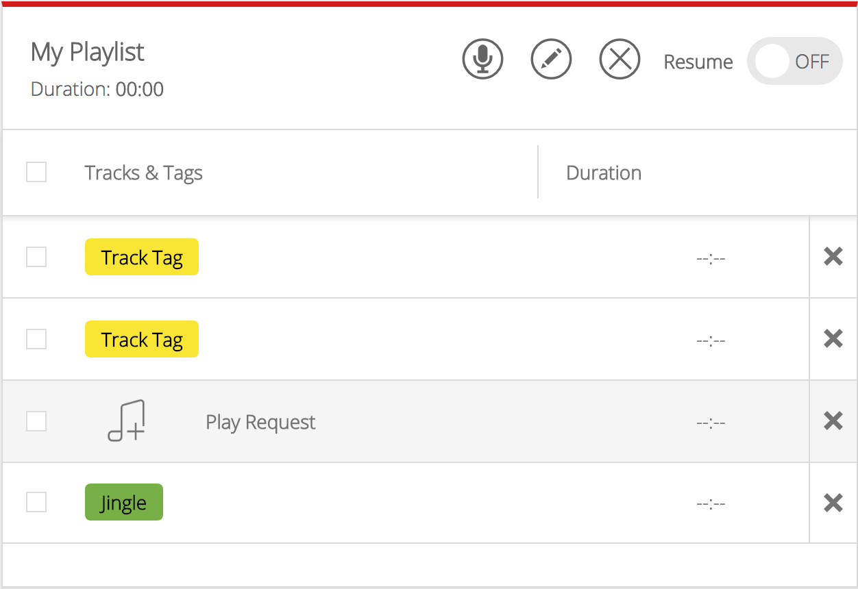 Image shows a playlist example that uses a Play Request tag.