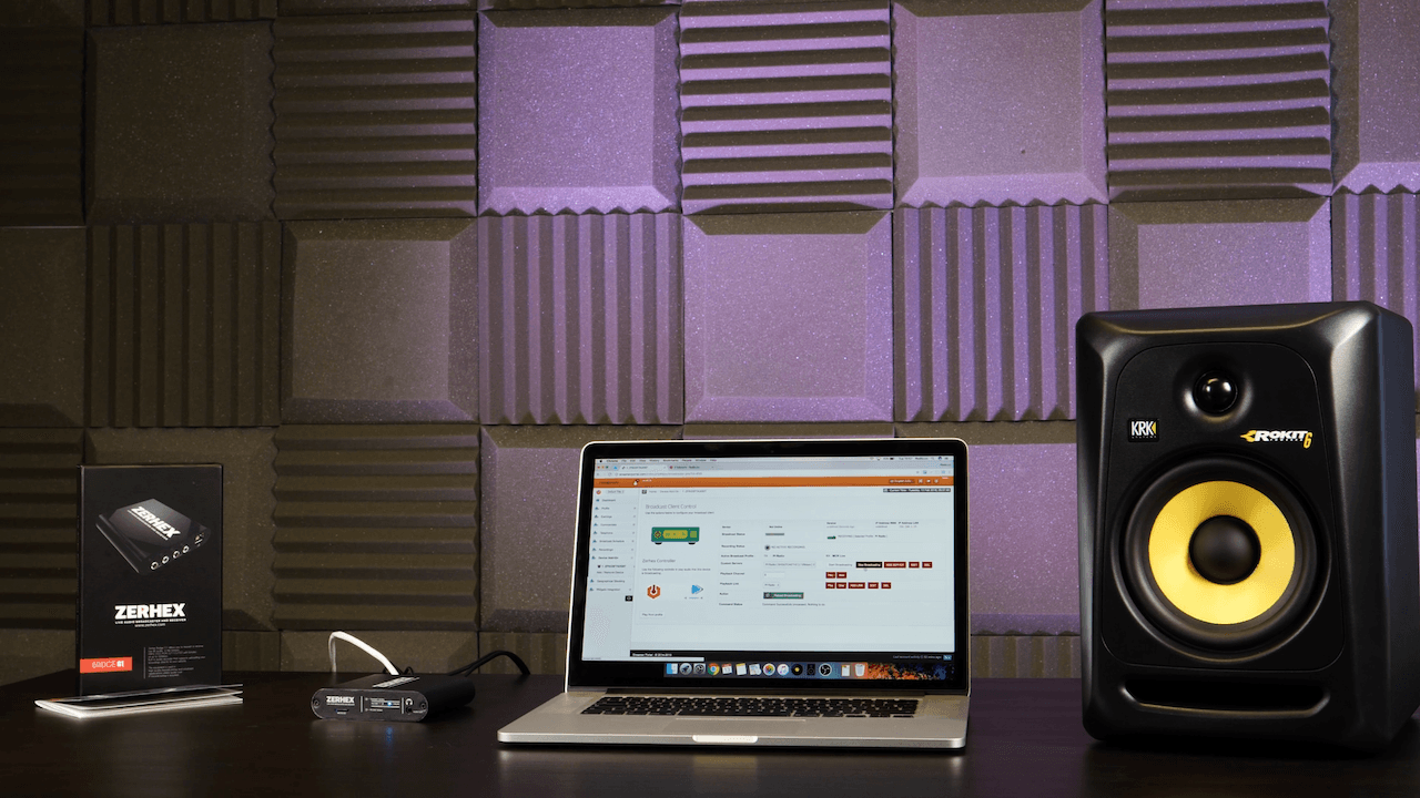Image shows a zerhex bridge, being used to broadcast with a laptop in a sound booth.