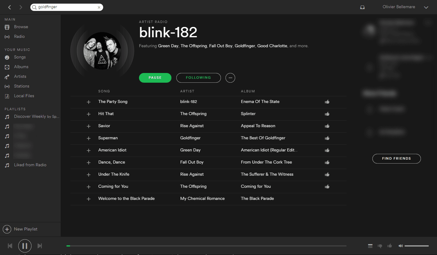 Image shows the Blink-182 Artist radio page on Spotify.