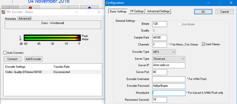 This is a screenshot illustrating how the broadcasting live configuration appears on Radio.co