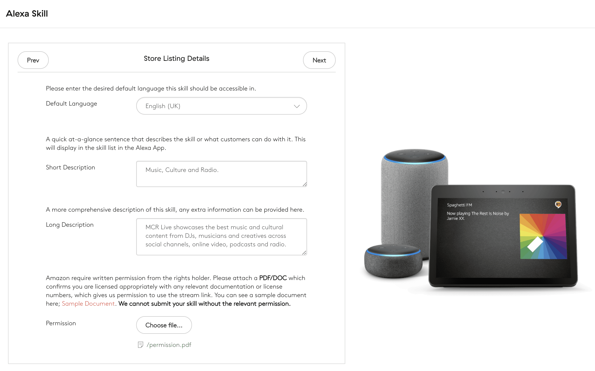 Image shows the Amazon Store Listing Details windows in the Radio.co dashboard.