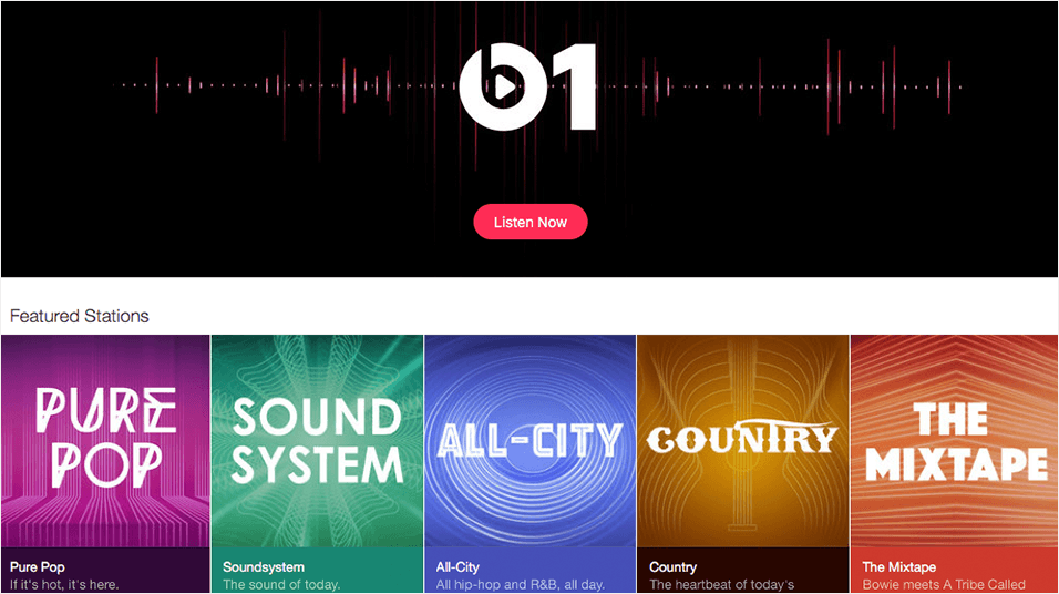 This is an image of the iTunes homepage. The top of this image is a black banner with the b1 logo visible. Beneath it are various genres in coloured squares, eg PURE POP.
