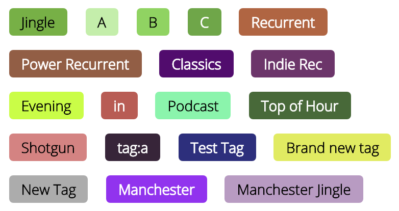 Image shows a collection of music tags with different colours.