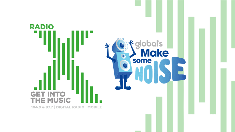 An image of the Radio X logo. It is a white background with a green X in the centre reading 'Radio X Get Into The Music'. On the right is a blue logo of 'Global's Make some Noise' with a little speaker with legs illustrated next to it.