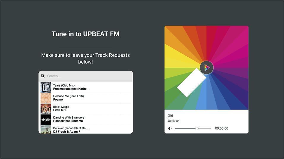 A screenshot of how Track Requests appear. On the right is a screenshot of the requested song, a Jamie XX example. On the left is a list of tracks. It has a balck background with white overlayed text.