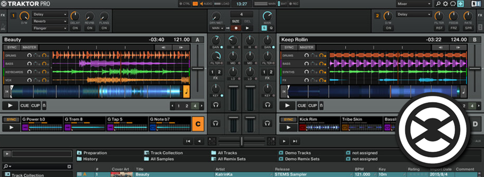 This is a black, orange, purple and green screenshot of the Traktor homepage. It has various audio levels and scrubbers visible.