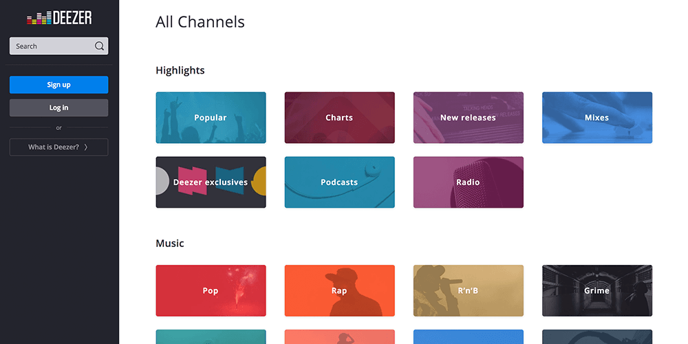 Image shows the homepage for the website Deezer.