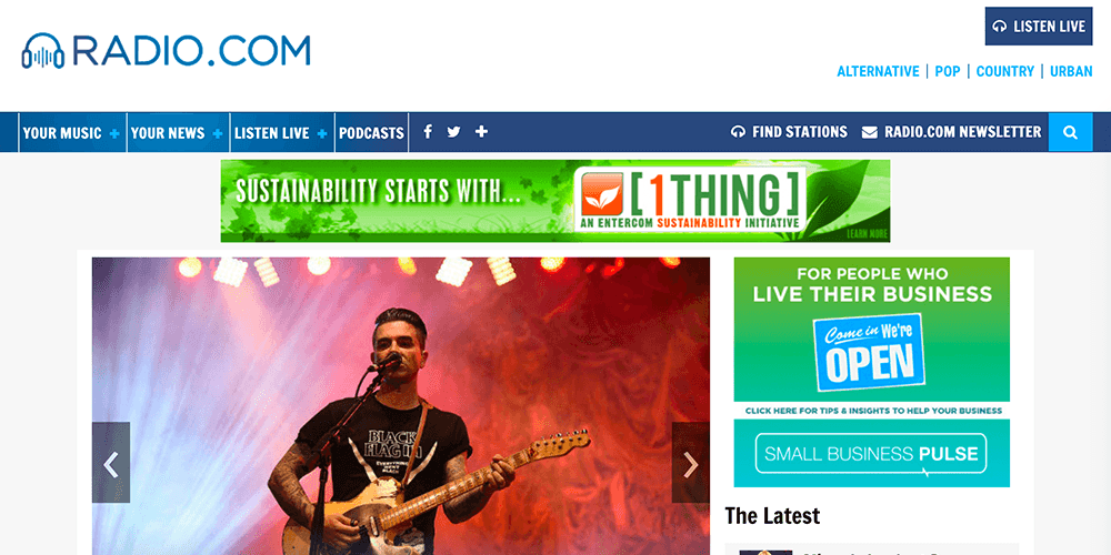Image shows the homepage for the website Radio.com.