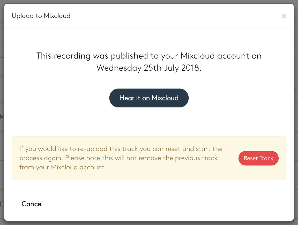Image shows the Upload to Mixcloud window in Radio.co.