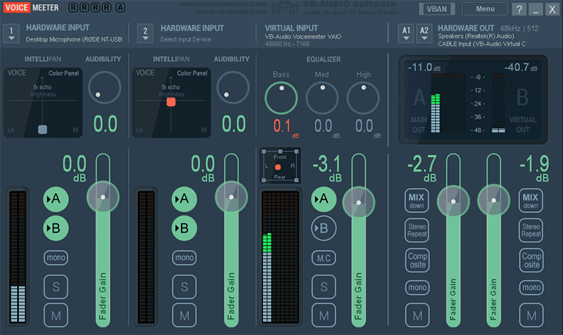 Image is a screenshot from Voicemeeter showing the channels where audio is routed and mixed.
