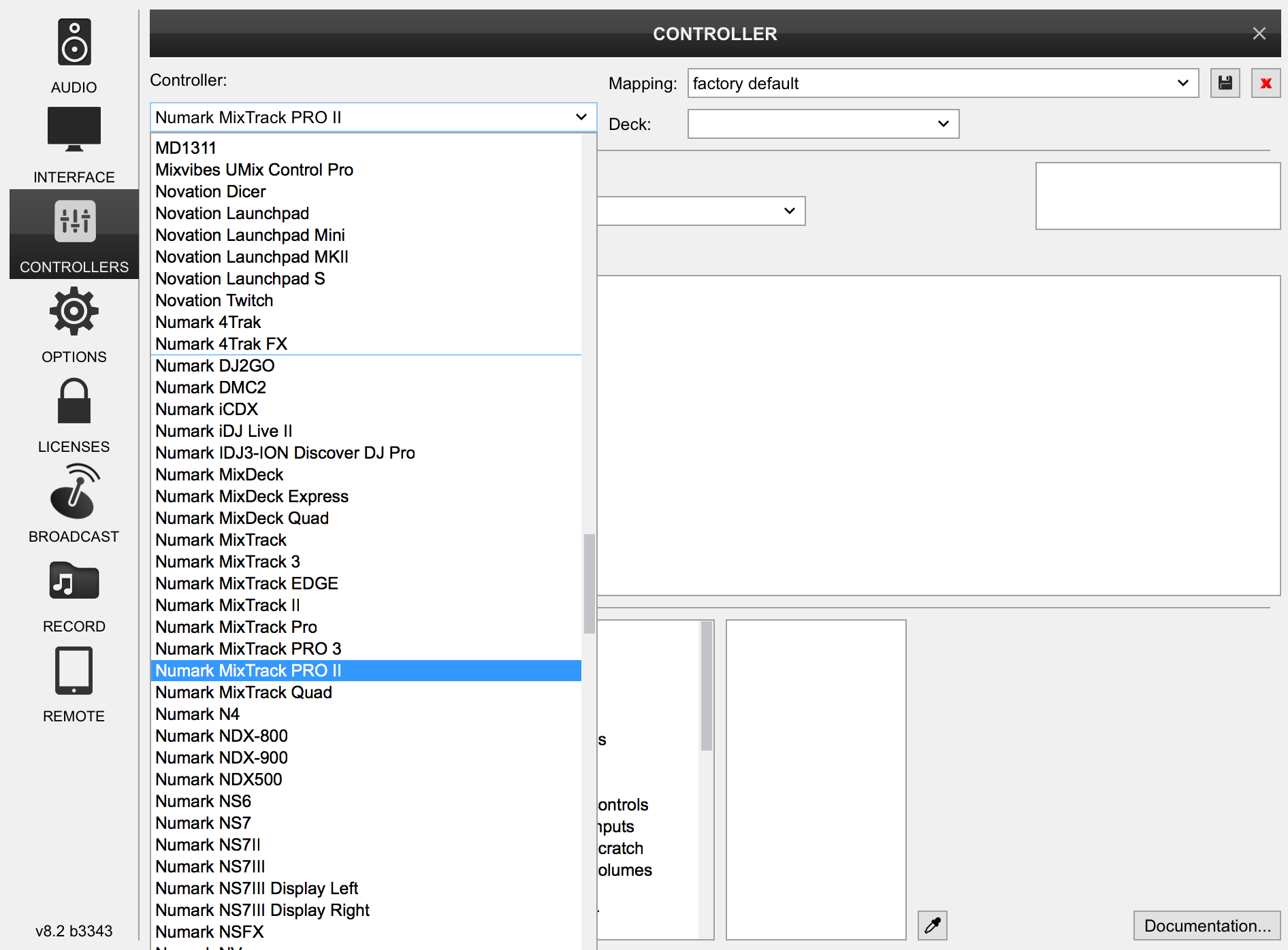 This is a black and white mixing desk screenshot of how the Virtual DJ 8 Controller page appears, with a list of inputs