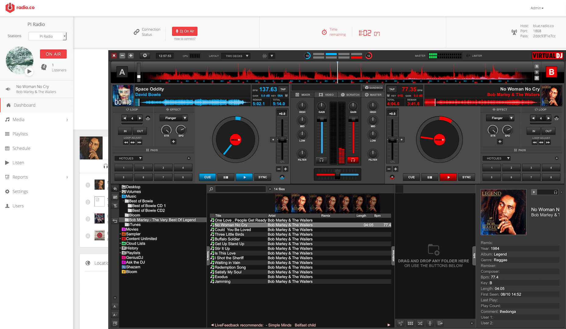 This is a black and red screenshot of how the Virtual DJ 8 appears when Connected to Radio.co