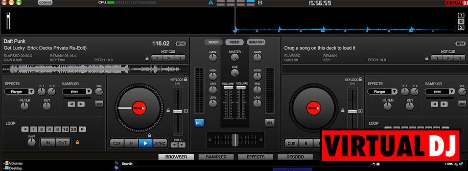 This is a black screenshot of how the Virtual DJ Broadcaster appears, a black mixing desk.