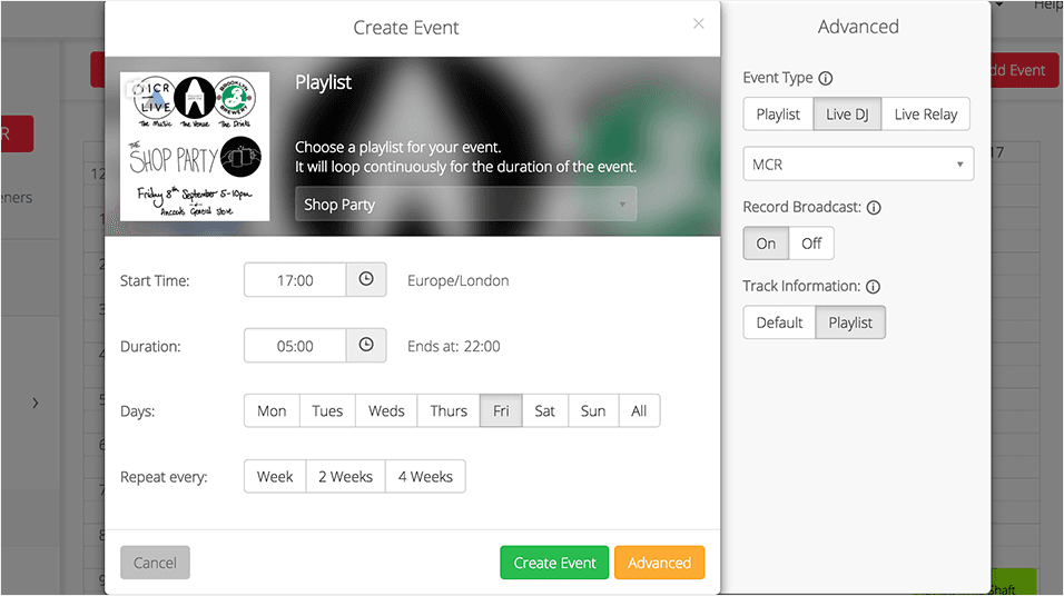 This is a screenshot of how a Voice Tracking Live Shop Party Event appears. A white text box with a Playlist in the centre and a list of options on the left.