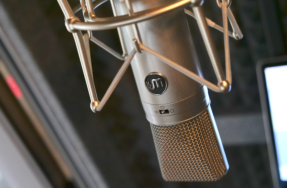 The background is a plain black studio. The mic in the centre is silver, a Warm Audio WA87 close up
