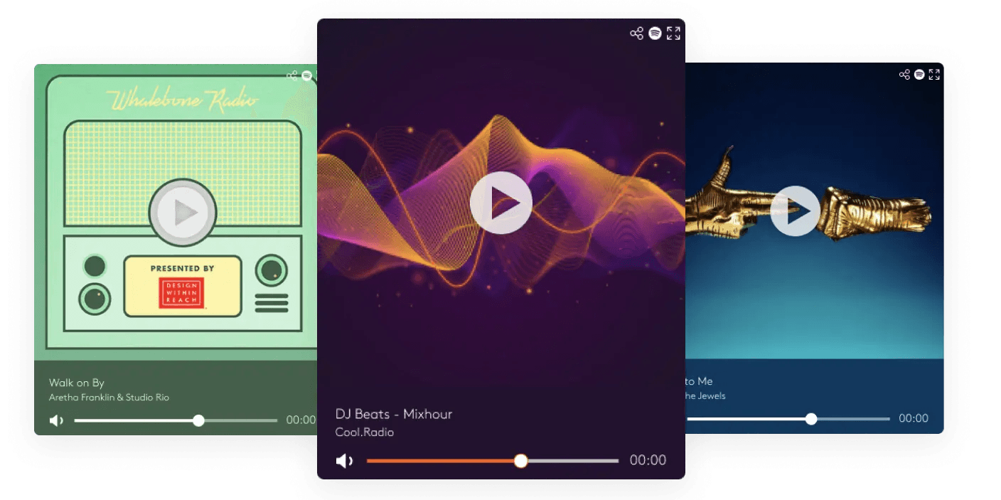 Image shows three examples of the Radio.co web radio players.