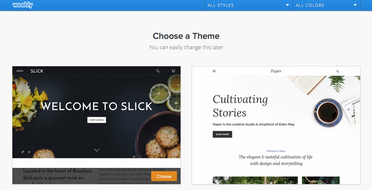 This is a white homepage with a blue Weebly banner at the top. It is an example page of how the theme picker would look, and below the title are two examples of website themes in black, white and yellow colours.