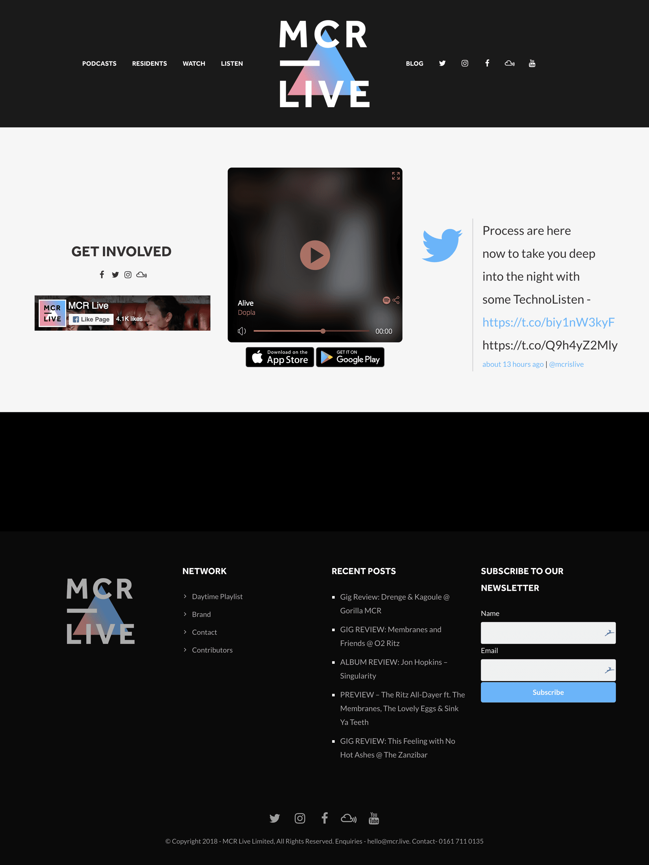 Image shows the MCR Live homepage with a radio player in the centre and the site map at the bottom.