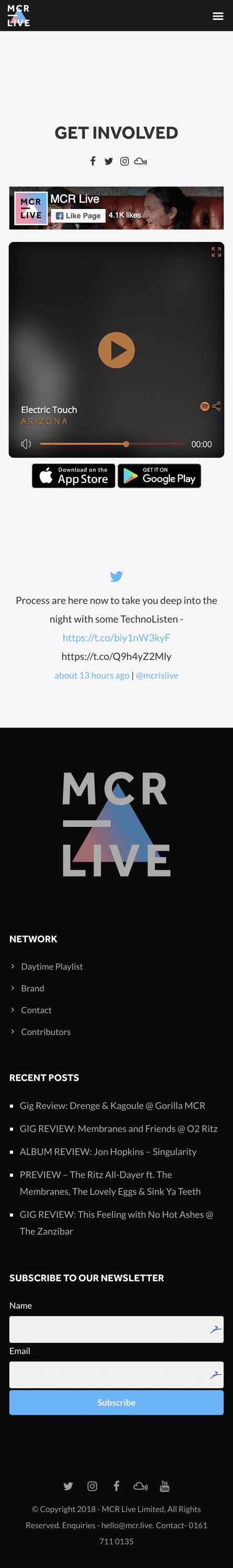 Image shows the mobile version of the MCR Live homepage.