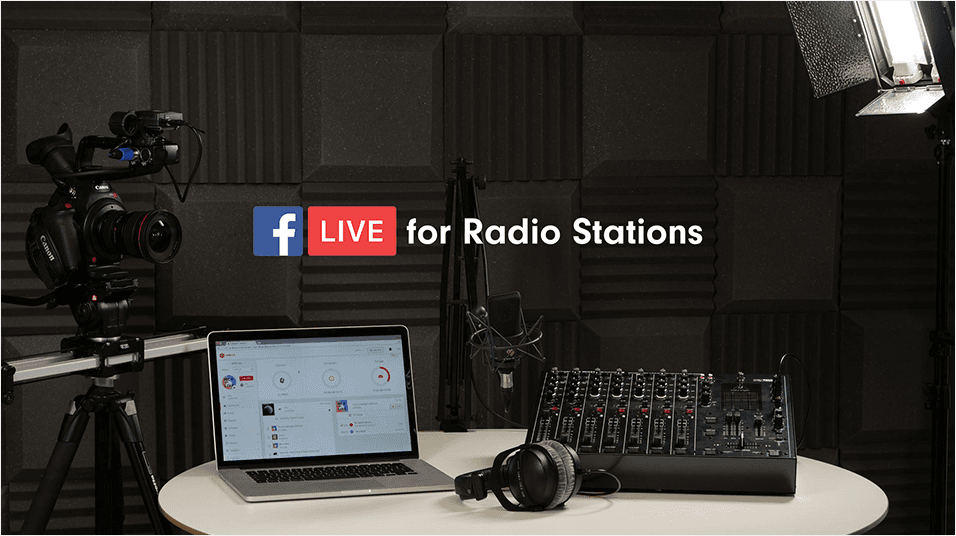 A plain studio with a lptop and a mixing desk next to it with some headphones. Above it is a captioned graphic: Facebook Live For Radio Stations.