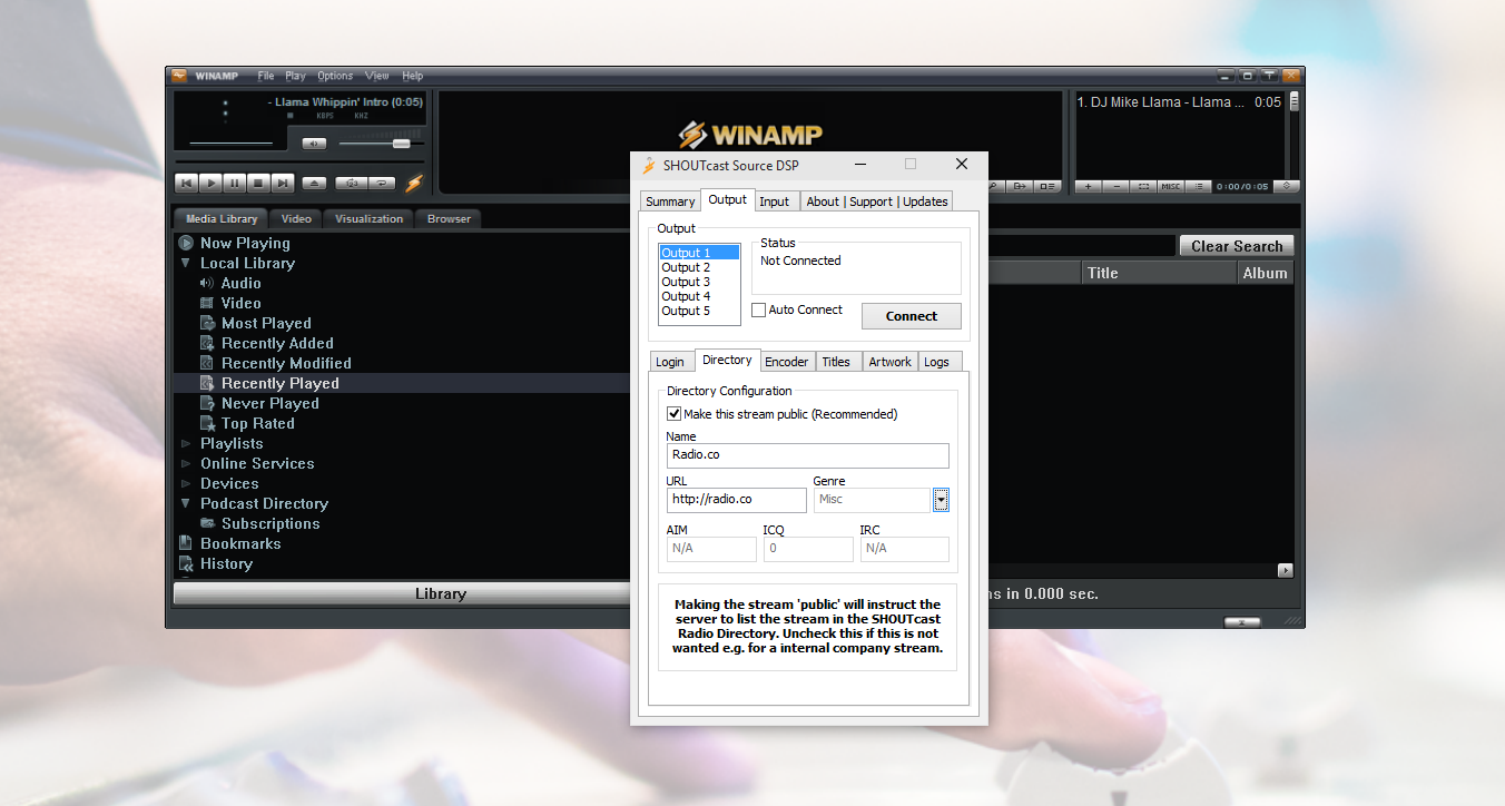 This is a screenshot of the Winamp setup screen of the SHOUTcast DSP Directory.