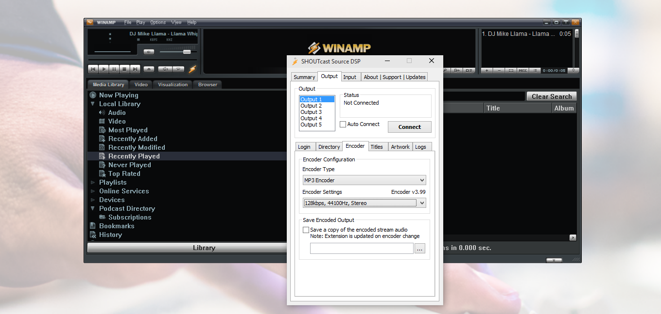 This is a screenshot of the selection of the Encoder tab in the Winamp SHOUTcast DSP Encoder.