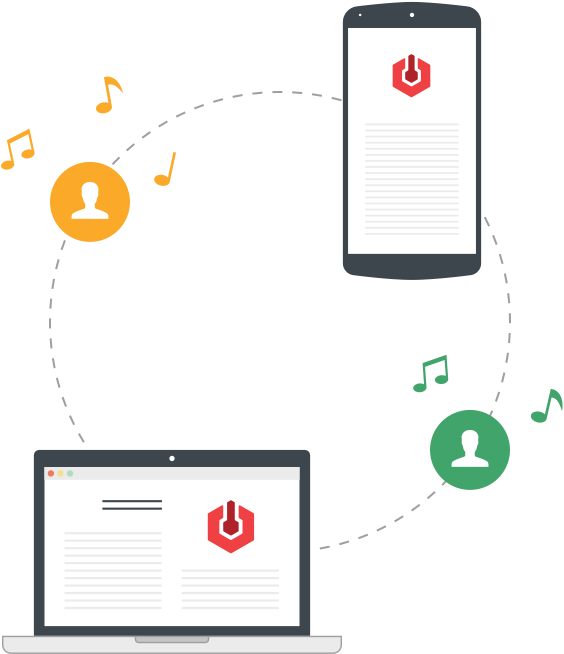 This is a white circular diagram of a phone and laptop illustrated in black and white. THe circle is dotted, and there is a yellow face symbol with music notes coming out of it, and a green one just the same adjacent to it.