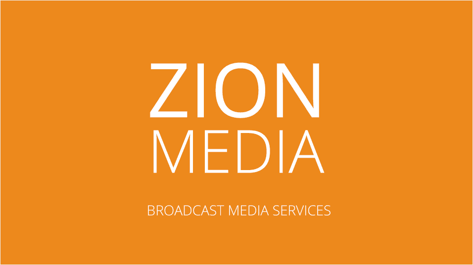 This is a tangerine orange backdrop with Zion Media Custom Broadcast Solutions, written in white text in the middle of the image.